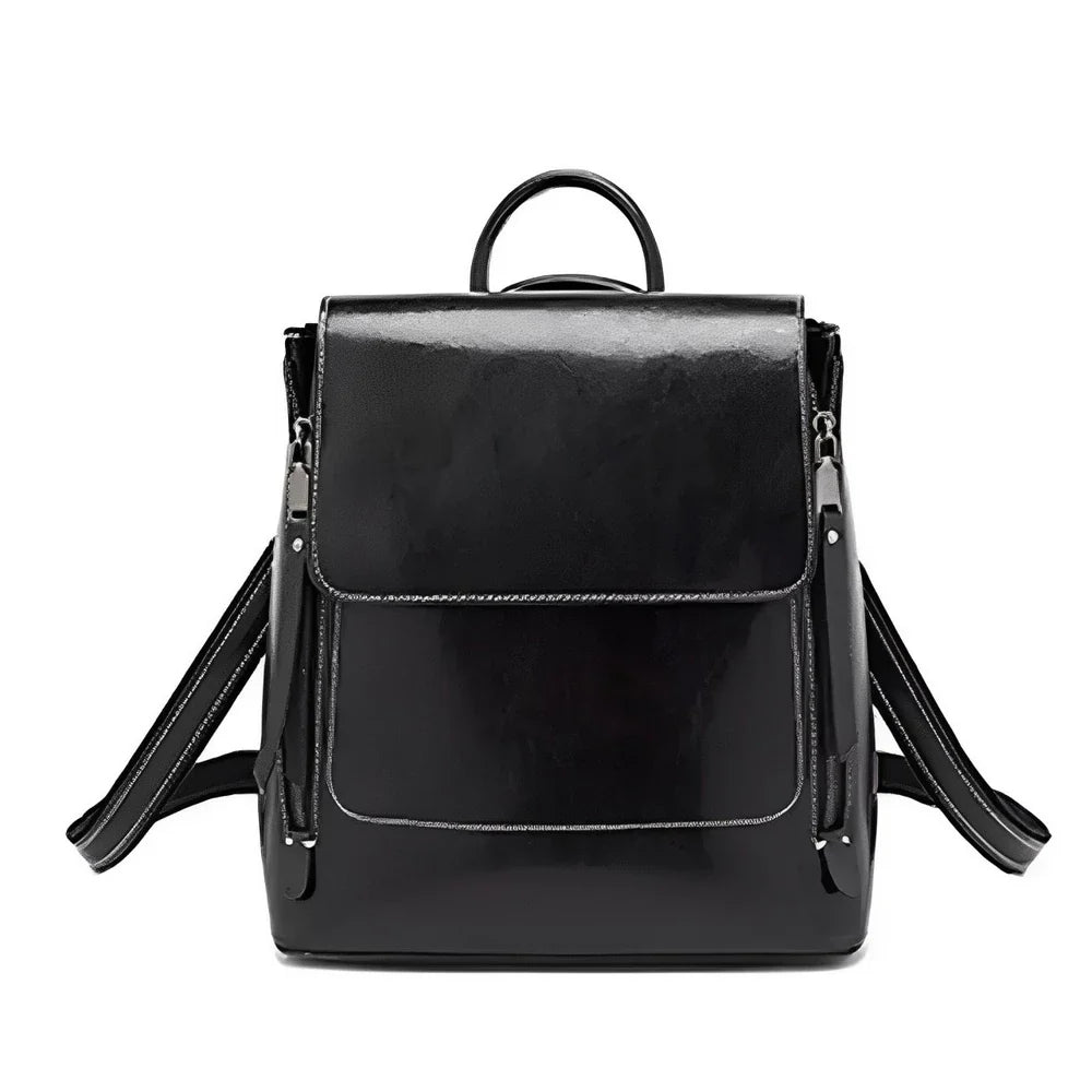 Sac à dos en cuir véritable noir brillant avec poignée, rabat et zips latéraux