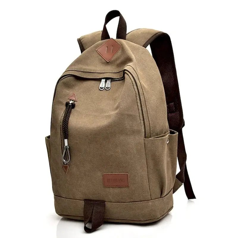 Cartable garçon CE1 en toile beige avec plusieurs poches et bretelles marron