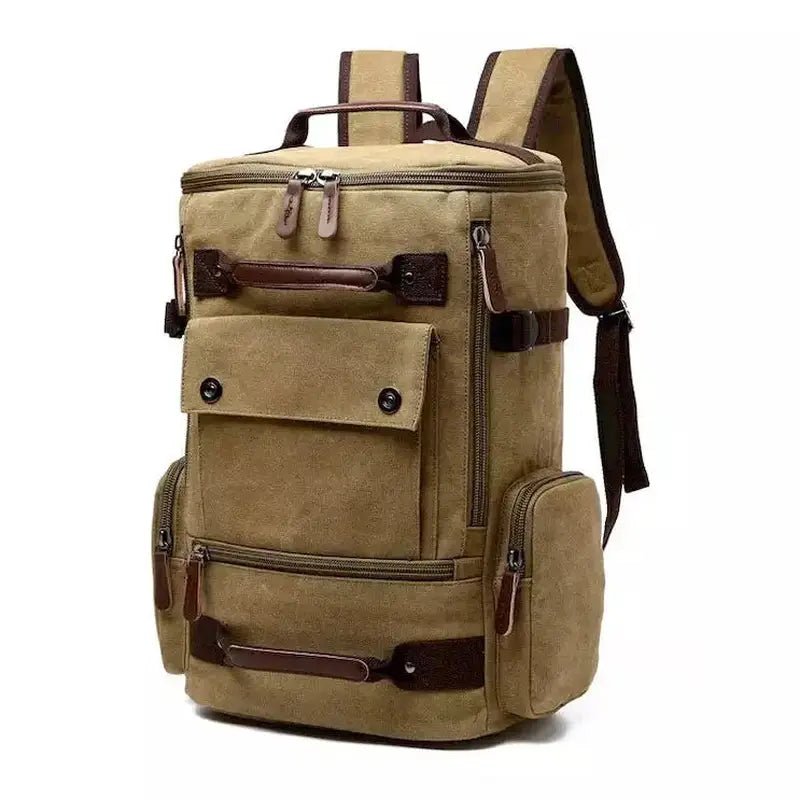 Sac à dos homme casual en toile beige avec plusieurs compartiments et accents en cuir marron