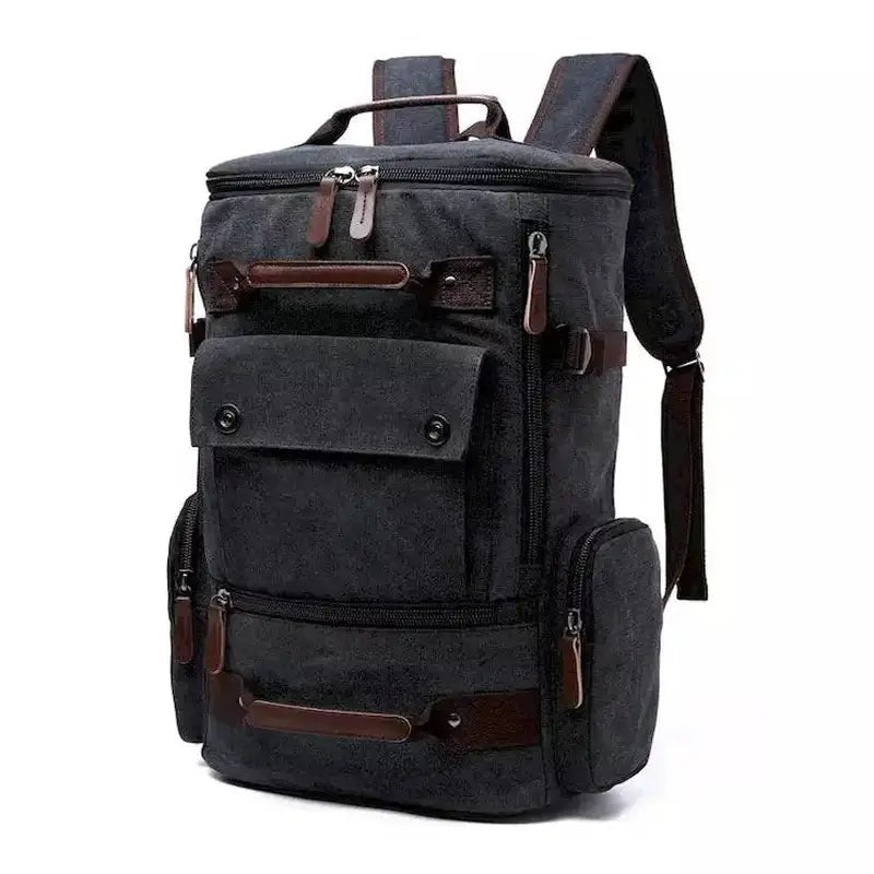 Sac à dos en toile noire avec plusieurs poches et accents en cuir marron pour homme casual