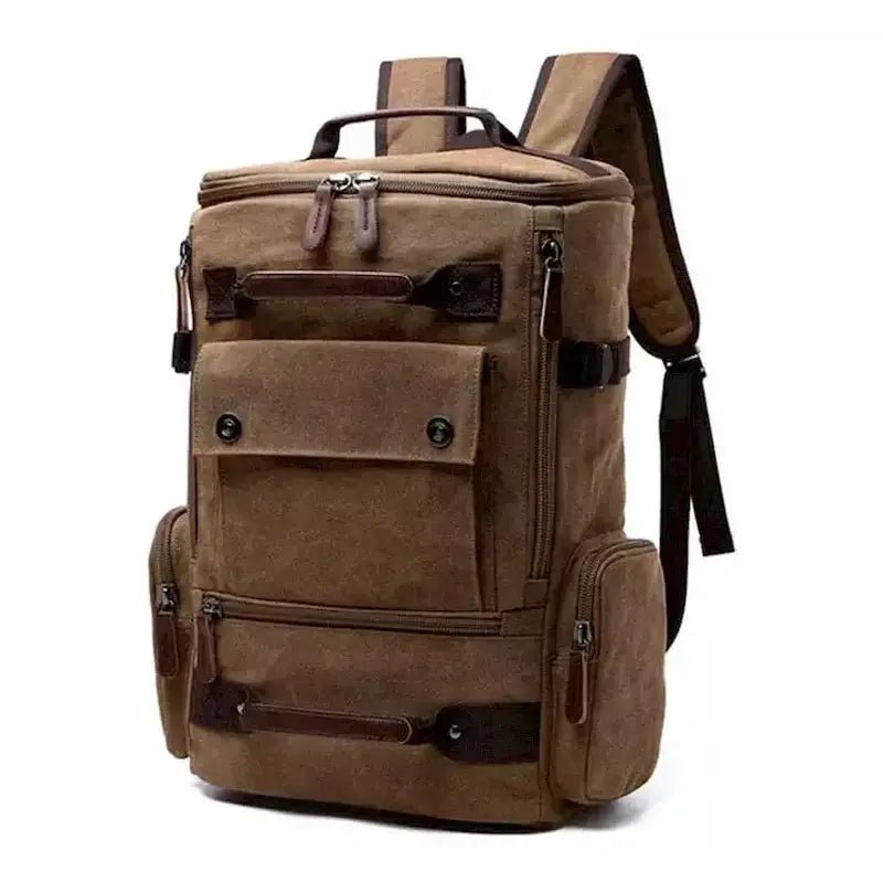 Sac à dos en toile marron avec plusieurs compartiments et accents en cuir pour homme casual