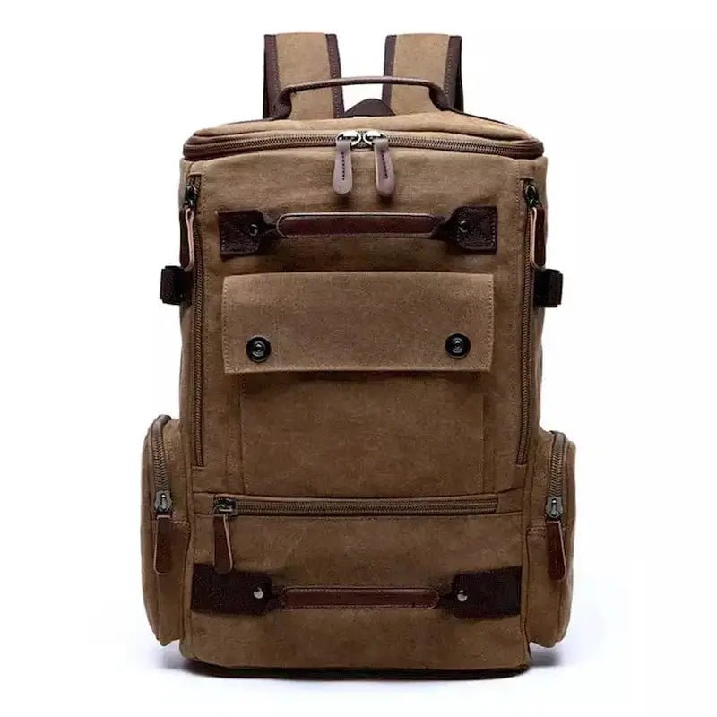 Sac à dos homme casual en toile marron avec accents en cuir et multiples poches
