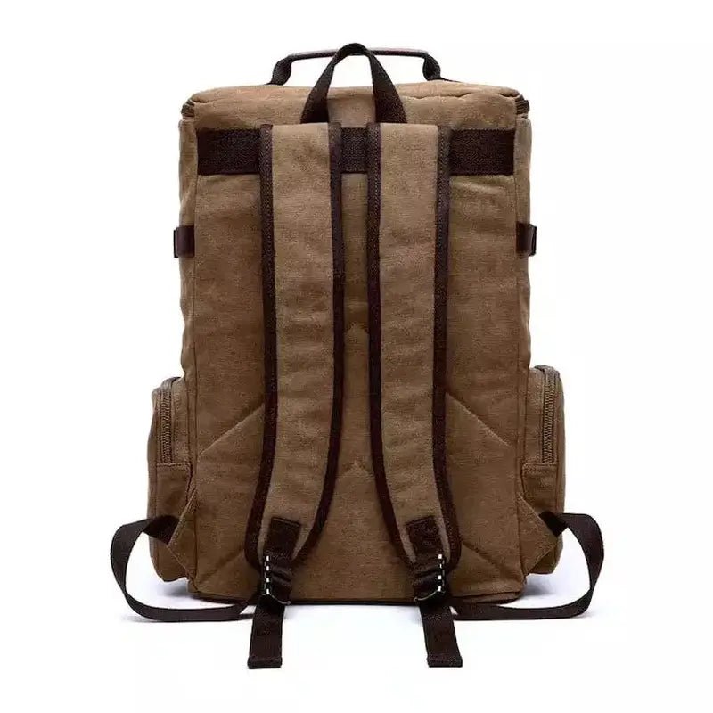 Sac à dos en toile marron avec bretelles foncées et poches latérales pour homme casual