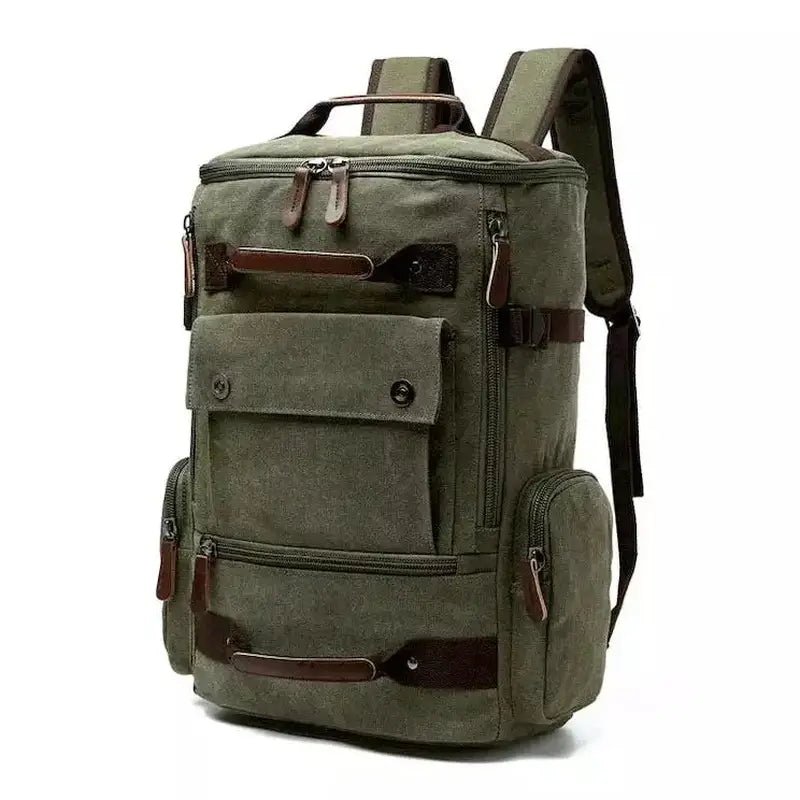 Sac à dos homme casual en toile olive vert avec accents en cuir marron et plusieurs compartiments