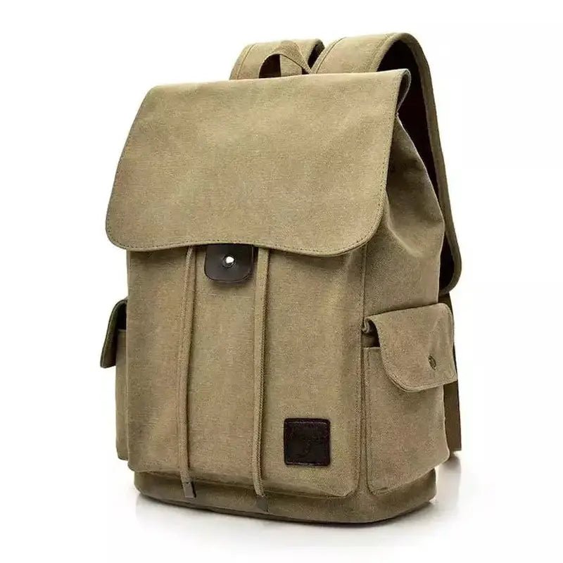 Sac à dos homme en toile beige avec rabat, poches frontales et latérales