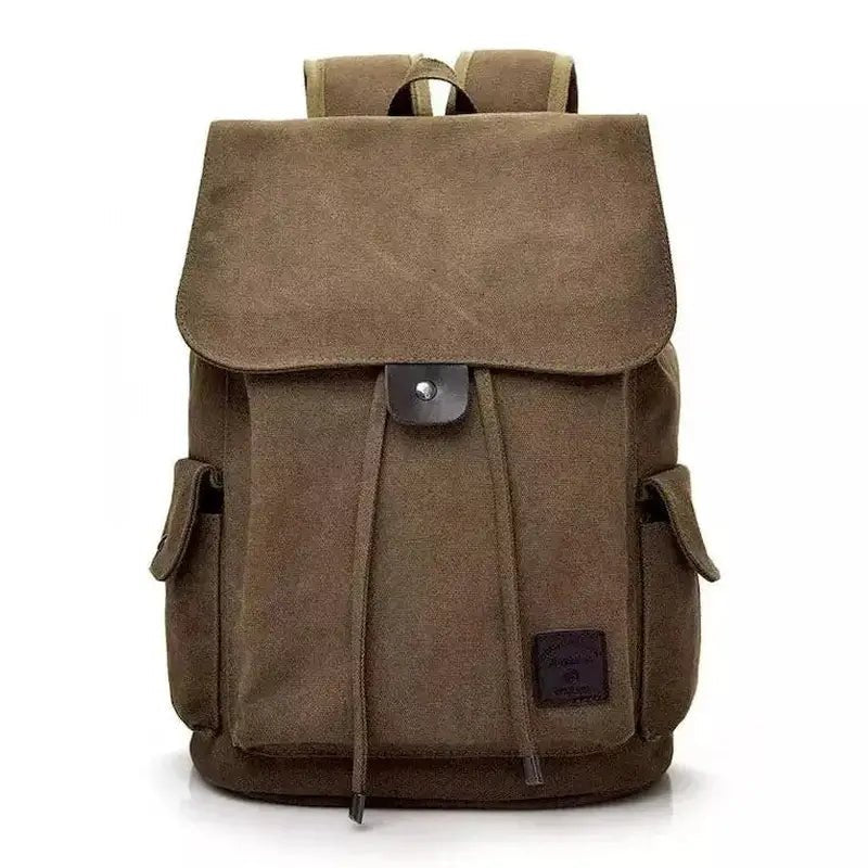 Sac à dos homme en toile canvas marron avec rabat, cordon de serrage et poches latérales