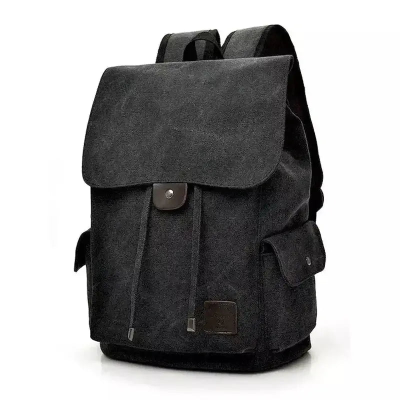 Sac à dos homme en toile canvas gris foncé avec rabat, cordon et poches latérales