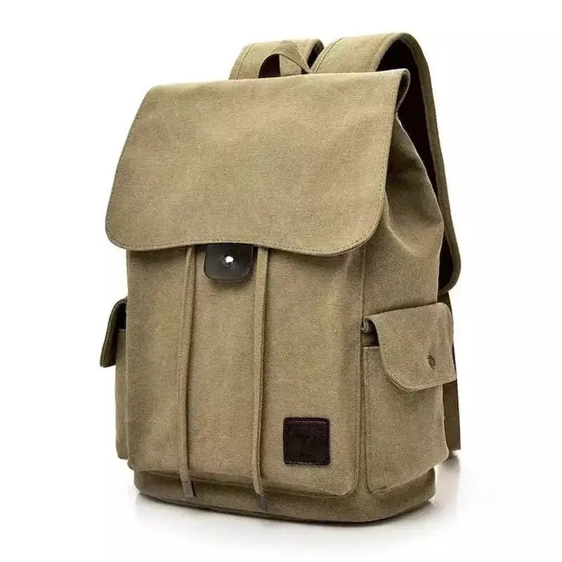 Sac à dos homme en toile canvas kaki avec rabat, boucle et poches latérales