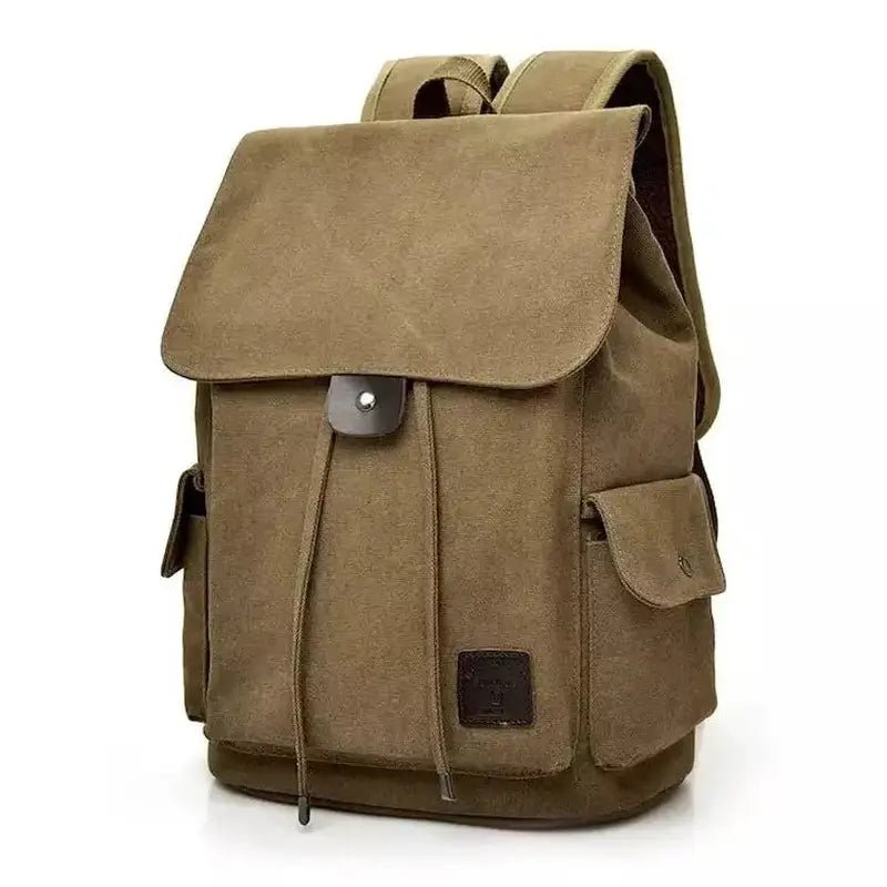 Cartable homme en toile canvas olive vert avec rabat, cordon et poches extérieures