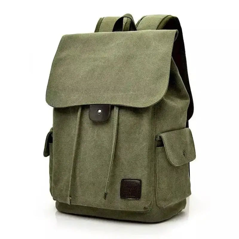 Sac à dos homme en toile canvas kaki avec rabat, cordons et poches latérales