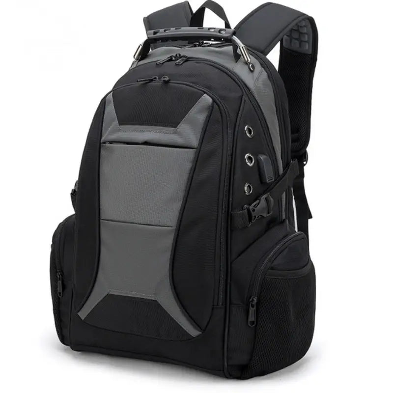 Sac à dos homme multifonction noir et gris avec multiples compartiments et poignée supérieure