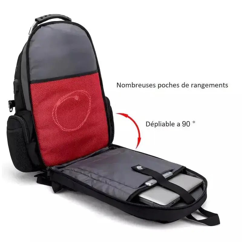 Cartable homme multifonction noir et gris avec poche en mesh rouge et compartiment pour ordinateur portable, ouverture plate à 90 degrés