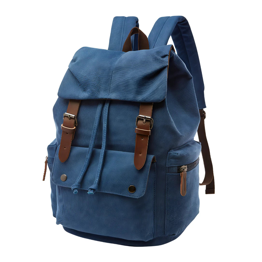 Sac à dos en toile bleue avec sangles et boucles en cuir marron, cartable homme casual