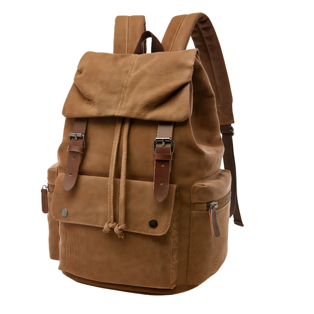 Sac à dos en velours côtelé beige avec sangles en cuir marron