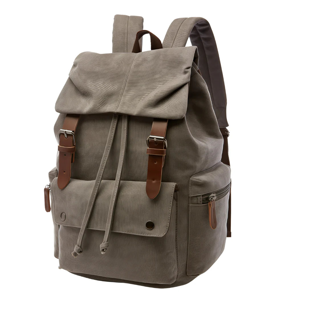 Sac à dos en toile taupe avec sangles et boucles en cuir marron, style casual homme