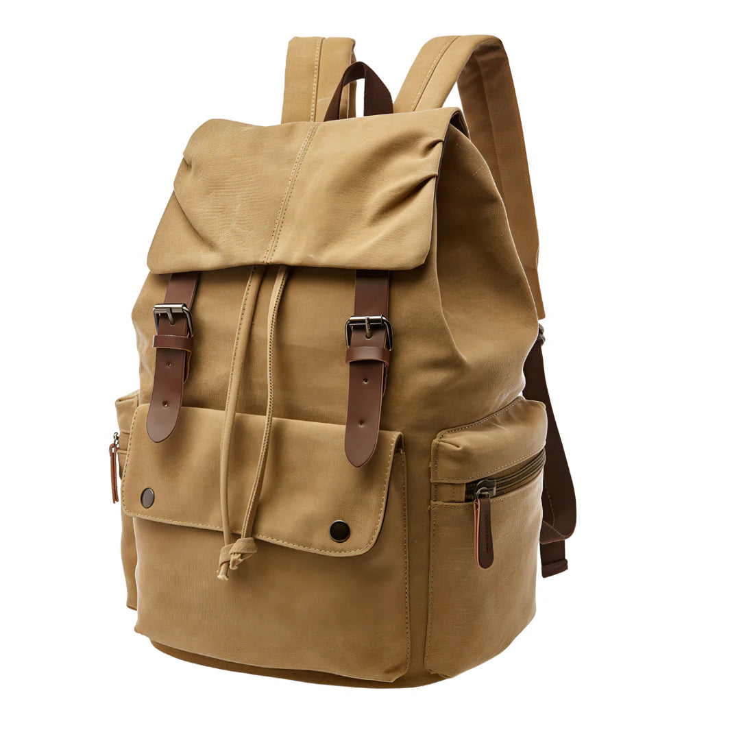 Sac à dos en toile beige avec sangles et boucles en cuir marron, cartable homme casual