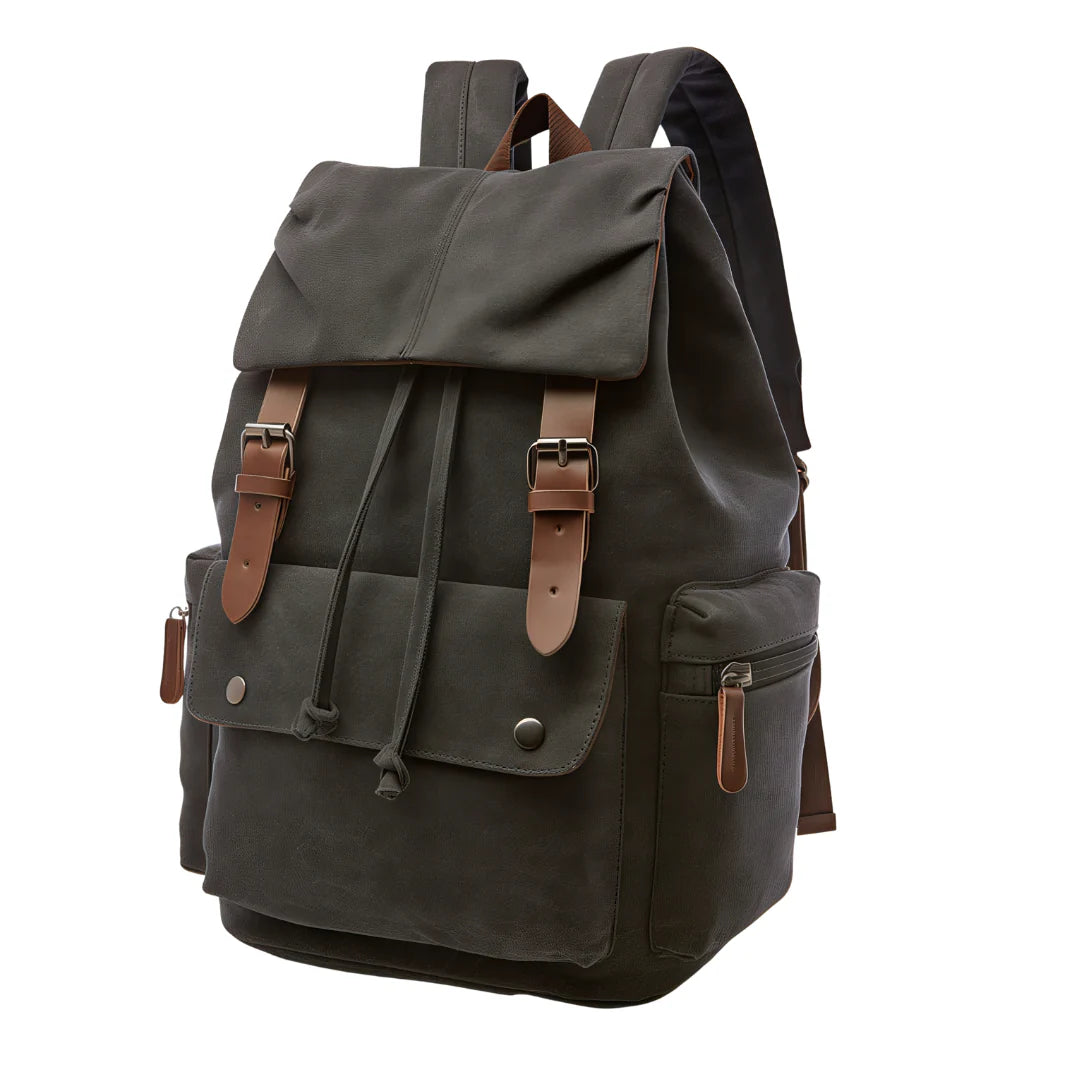 Sac à dos homme en toile kaki foncé avec sangles et boucles en cuir marron
