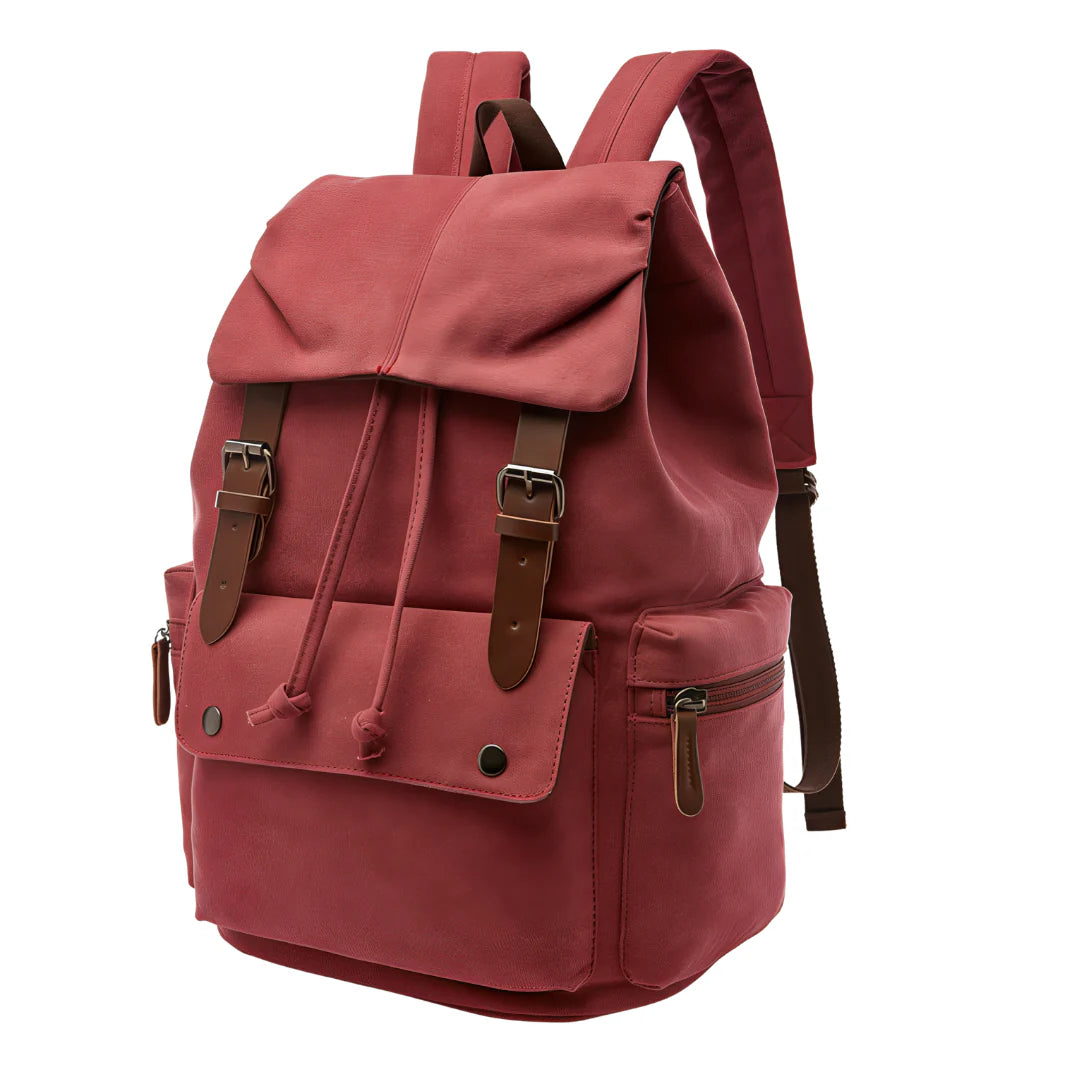 Sac à dos en toile bordeaux avec sangles et boucles en cuir marron, style casual homme
