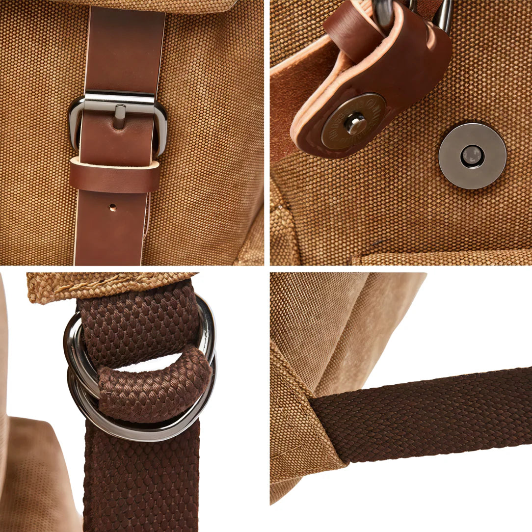 Cartable homme casual en toile tan avec sangles cuir marron et ferrures métal