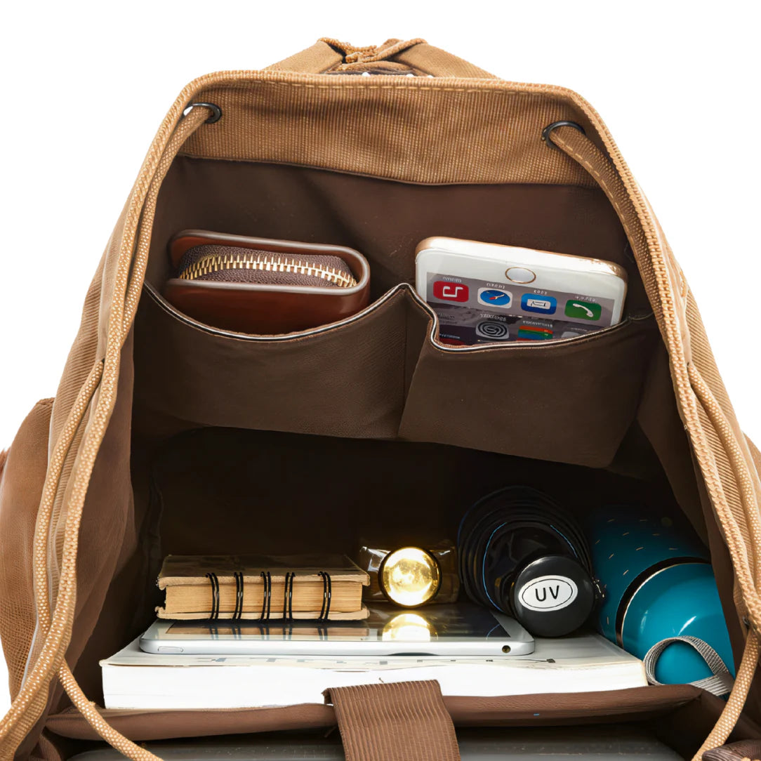 Sac à dos en toile beige à cordon, doublure marron et compartiments