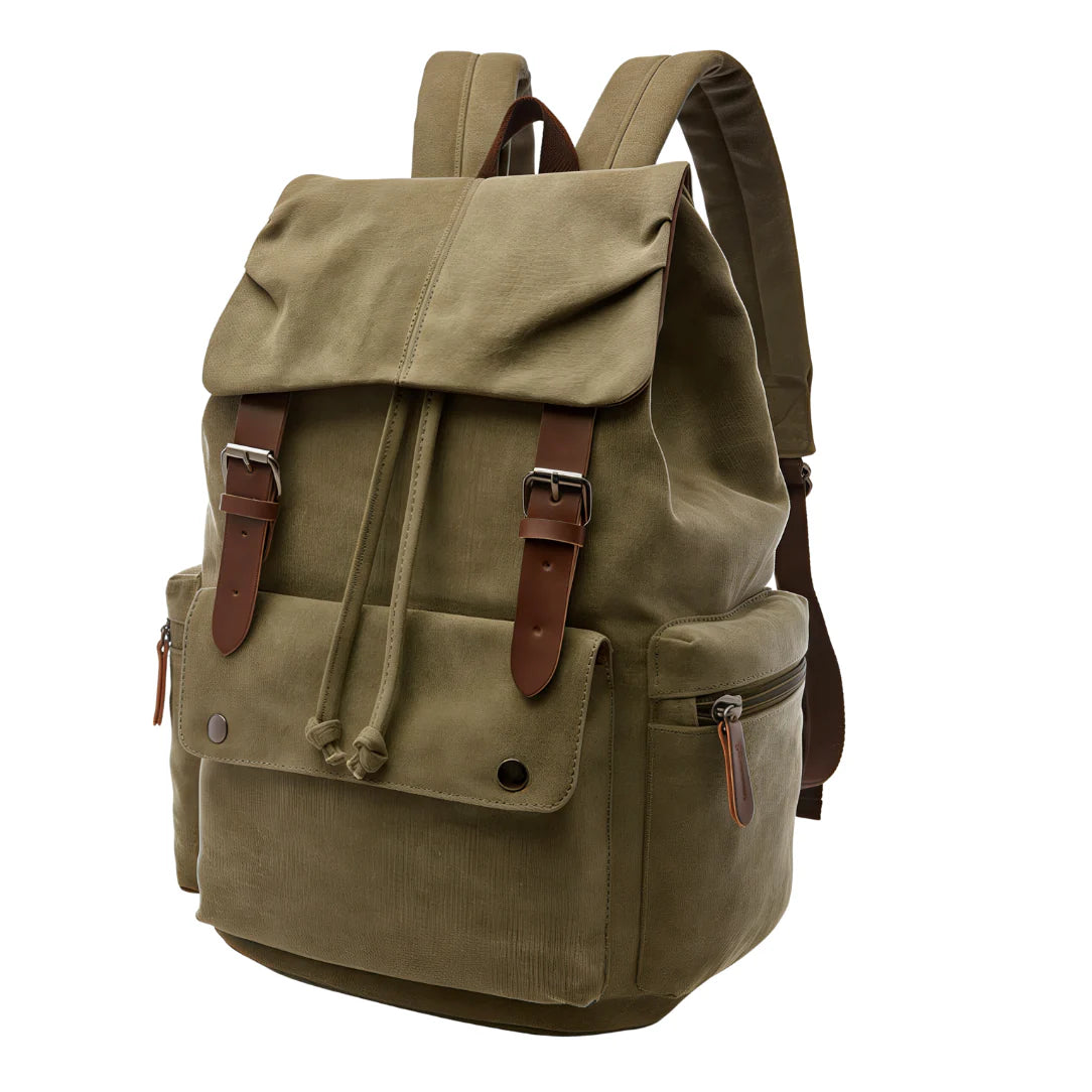 Sac à dos en toile vert olive avec sangles et boucles en cuir marron, cartable homme casual