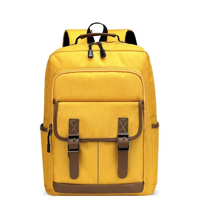 Sac à dos jaune solide pour ordinateur femme avec accents en faux cuir marron