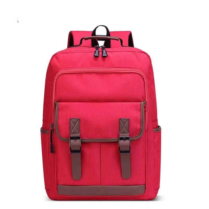 Sac à dos ordinateur pour femme rouge vif avec accents en faux cuir marron