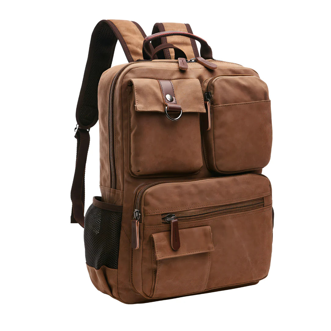 Sac à dos en toile marron avec accents cuir et compartiments zippés