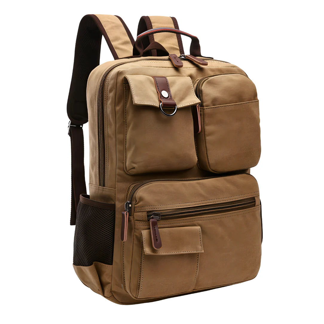 Sac à dos en toile beige avec accents cuir marron et multiples compartiments zippés