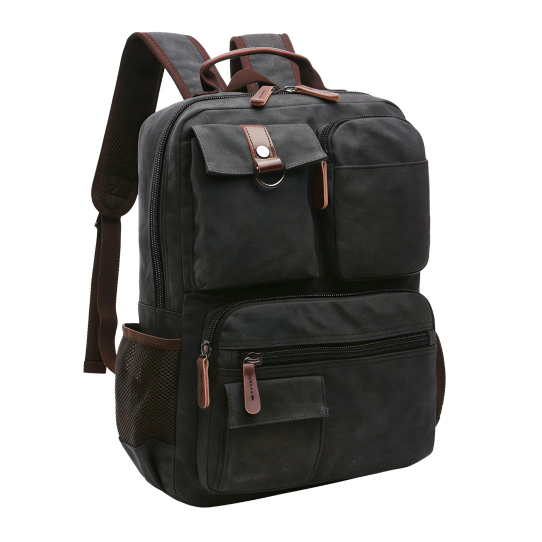 Sac à dos en toile noire avec accents et fermetures en cuir marron