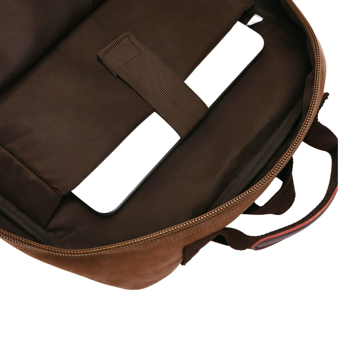 Sac à dos ordinateur cuir marron avec tablette blanche, cartable travail homme