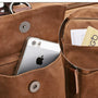Cartable travail homme en suède marron avec ferreteria argentée et poche frontale iPhone 5s