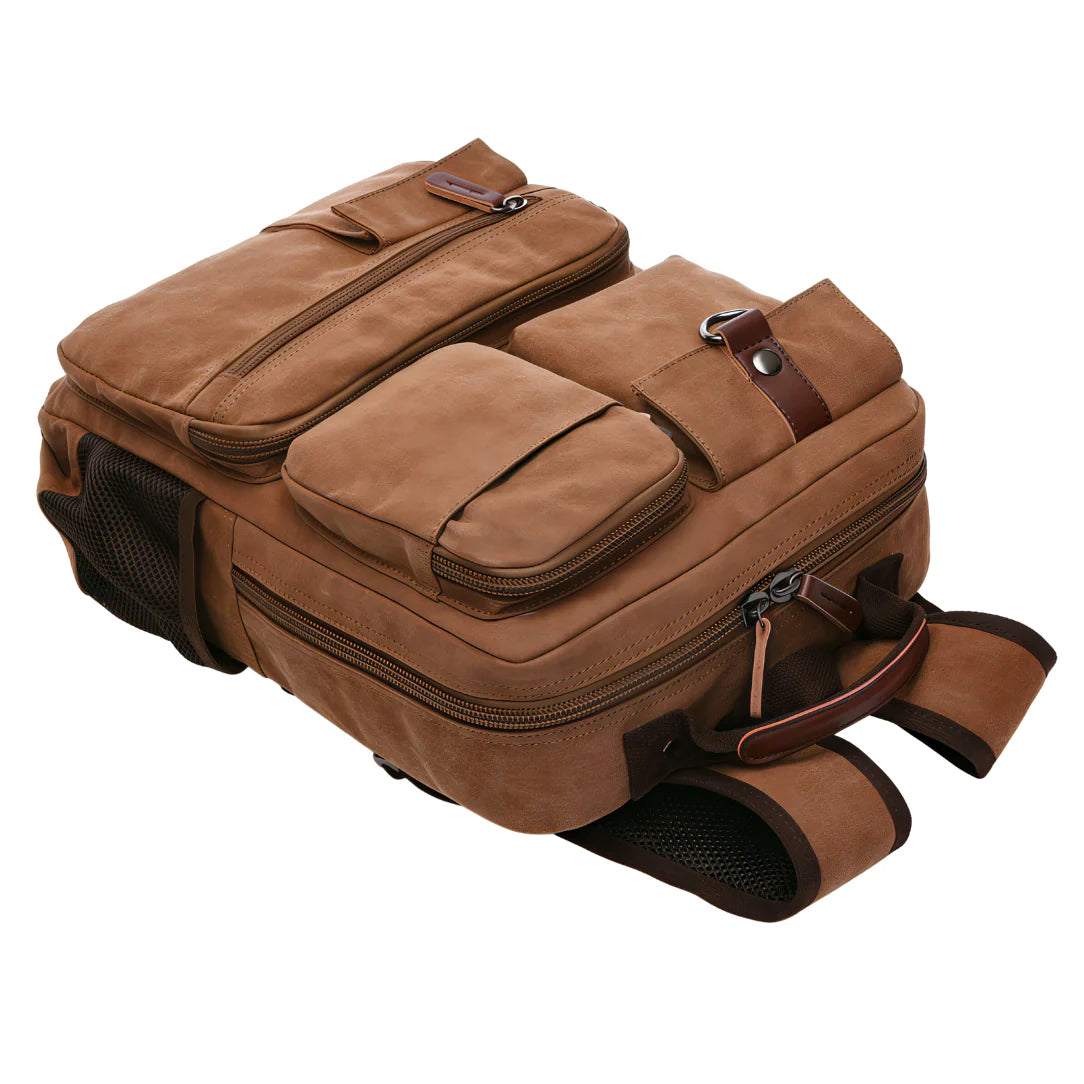 Sac à dos en toile marron avec accents cuir et compartiments zippés, cartable travail homme
