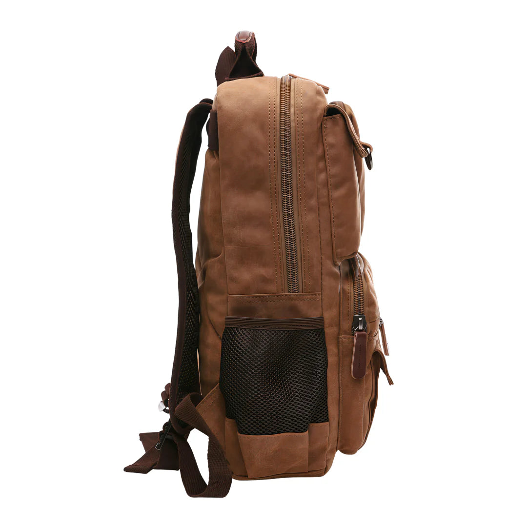 Sac à dos en toile marron avec poche filet noir et accents cuir