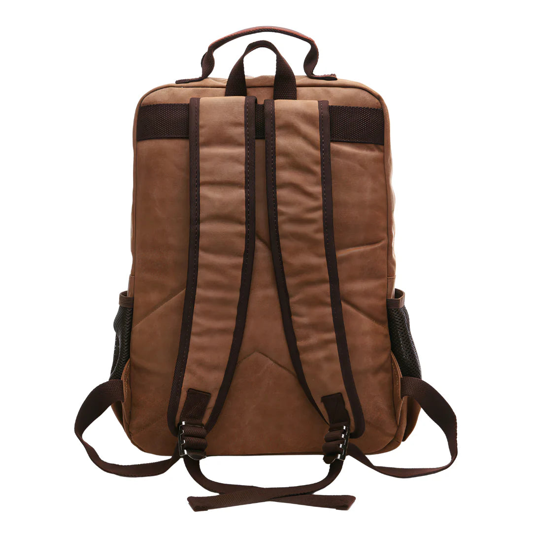 Sac à dos en toile marron avec sangles marron foncé et poches latérales en maille
