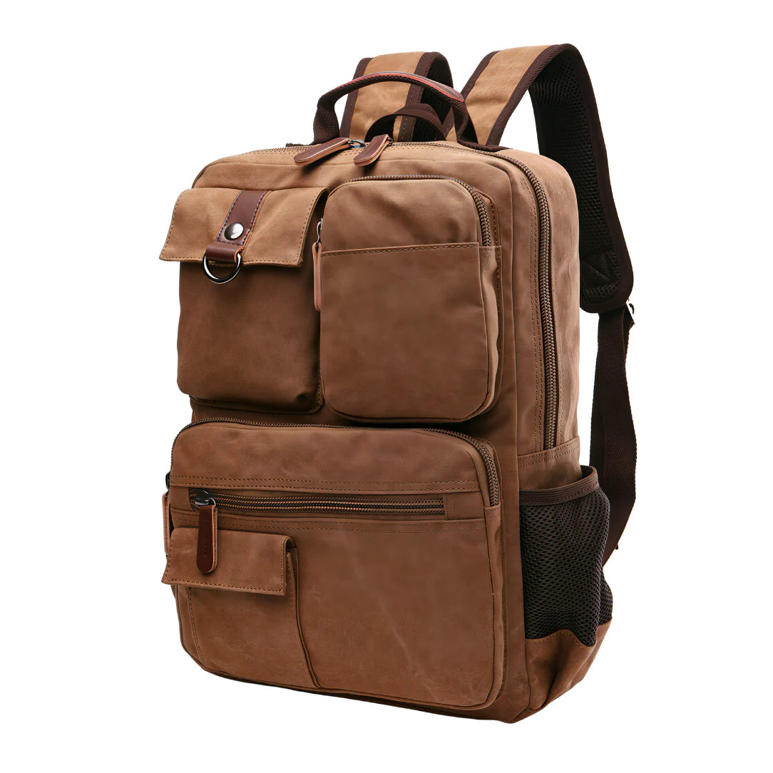 Sac à dos en toile marron avec accents cuir et compartiments zippés