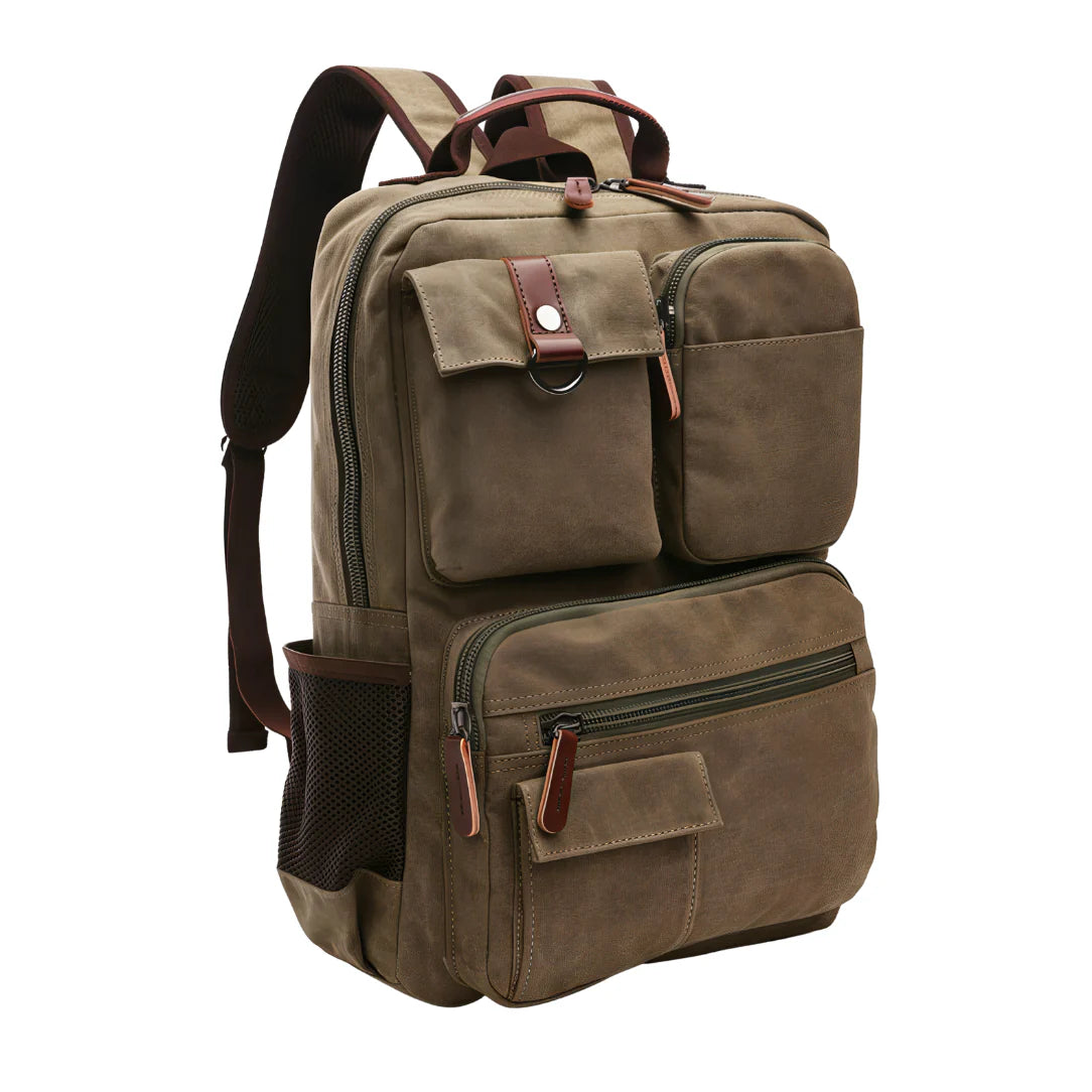Sac à dos en toile vert olive avec accents cuir marron et multiples compartiments zippés