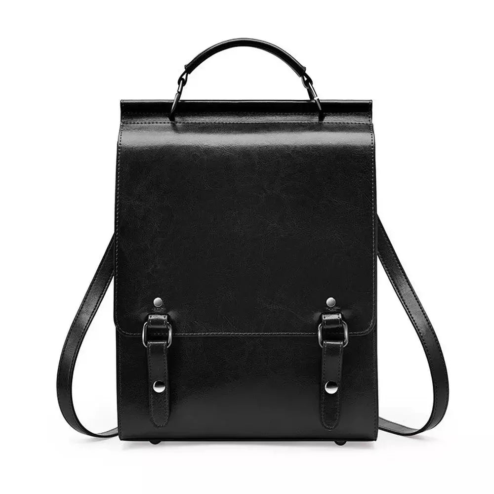 Sac à dos vintage en cuir noir avec poignée supérieure et boucles avant