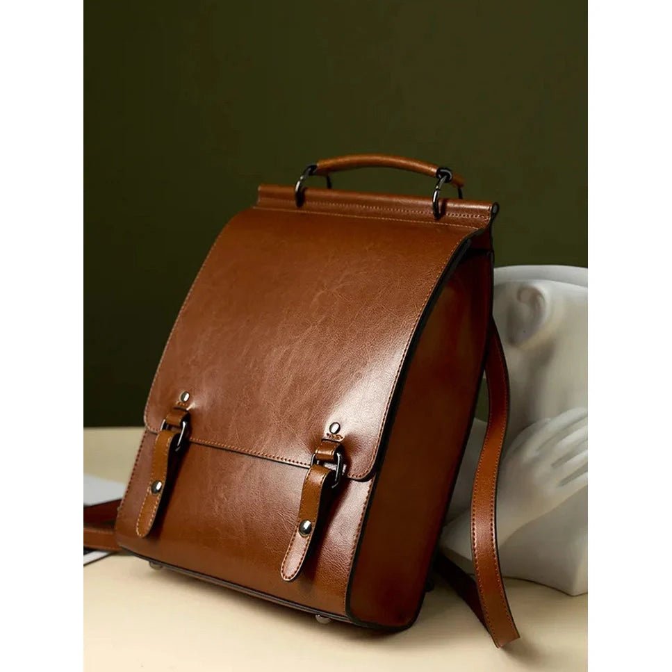 Sac à dos vintage en cuir marron avec rabat et boucles pour le Cartable vintage en cuir