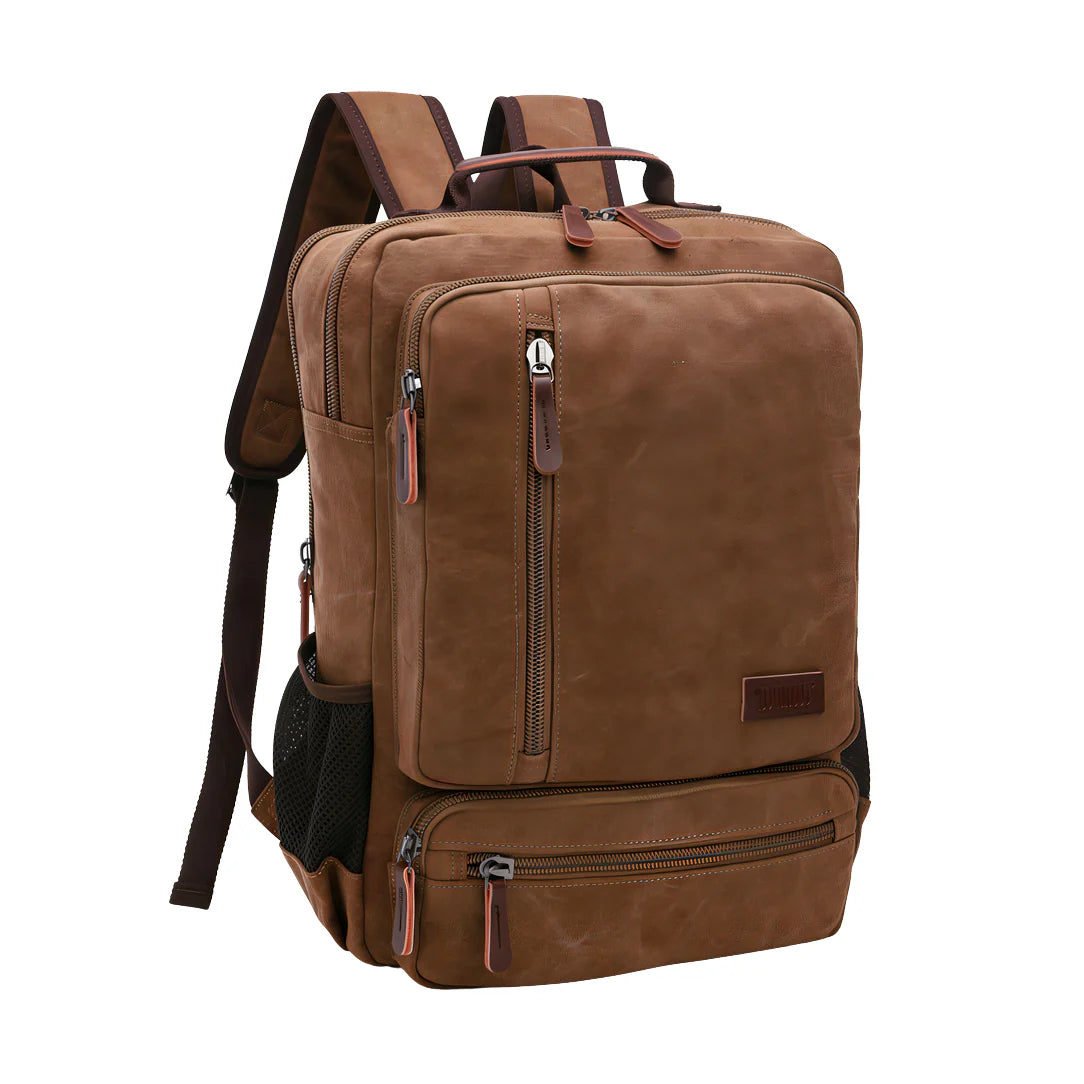 Sac à dos vintage en toile marron avec accents cuir et compartiments zippés