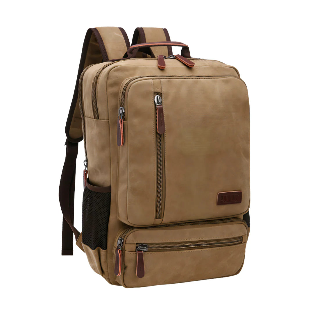 Sac à dos vintage en toile beige avec accents en cuir marron et fermetures éclair