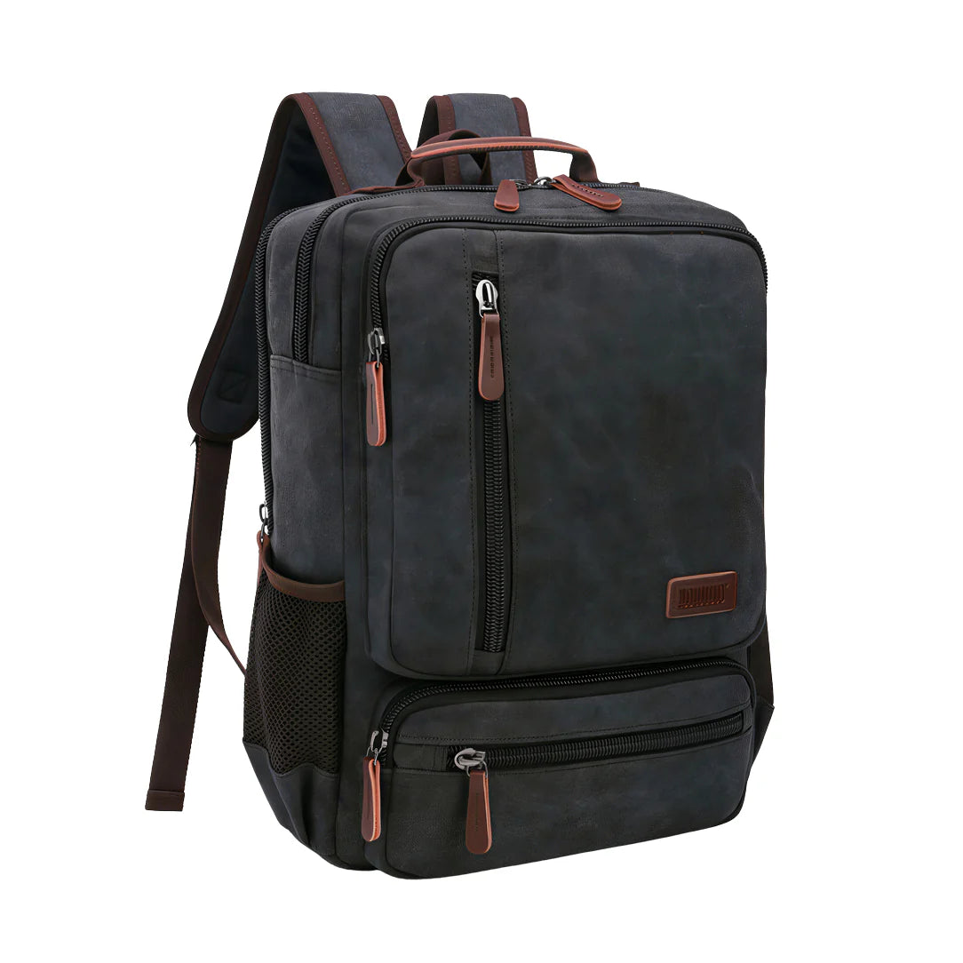 Sac à dos vintage en toile gris foncé avec accents cuir marron