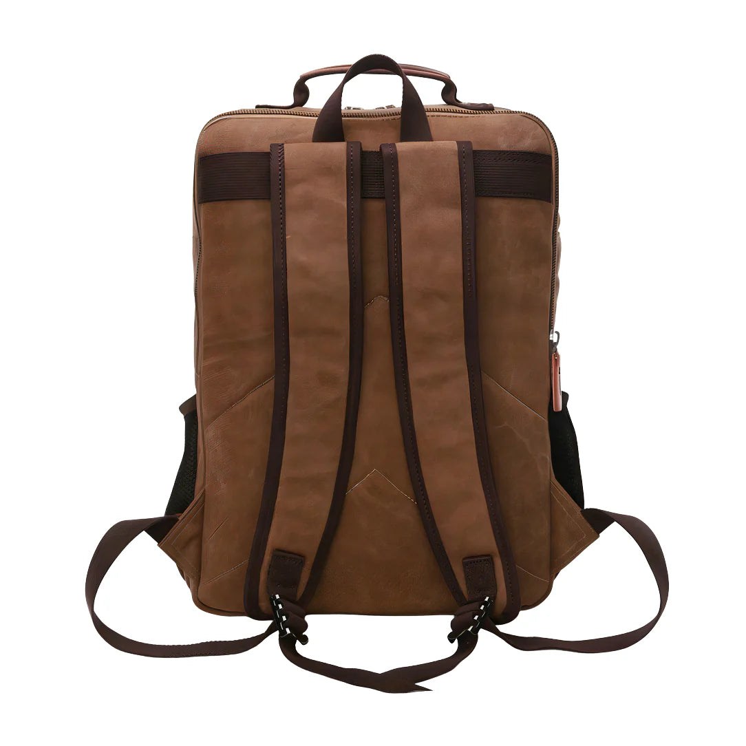 Sac à dos en toile marron avec sangles en cuir marron foncé et poignée supérieure