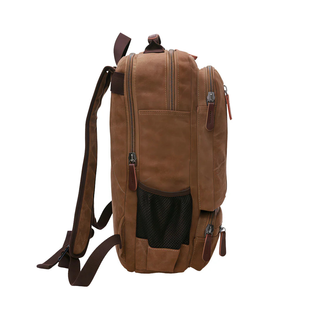 Sac à dos vintage en toile beige avec accents cuir marron et fermetures éclair