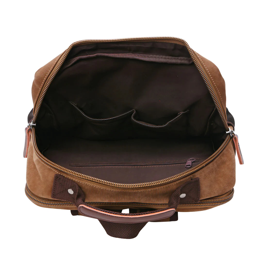 Cartable vintage homme en toile marron avec intérieur marron foncé et accents cuir