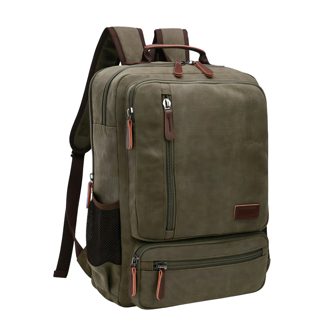 Sac à dos vintage en toile olive avec accents cuir marron et fermetures éclair