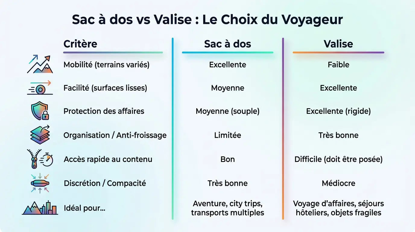 Comparaison entre un sac à dos de voyage et une valise rigide sur un quai de gare