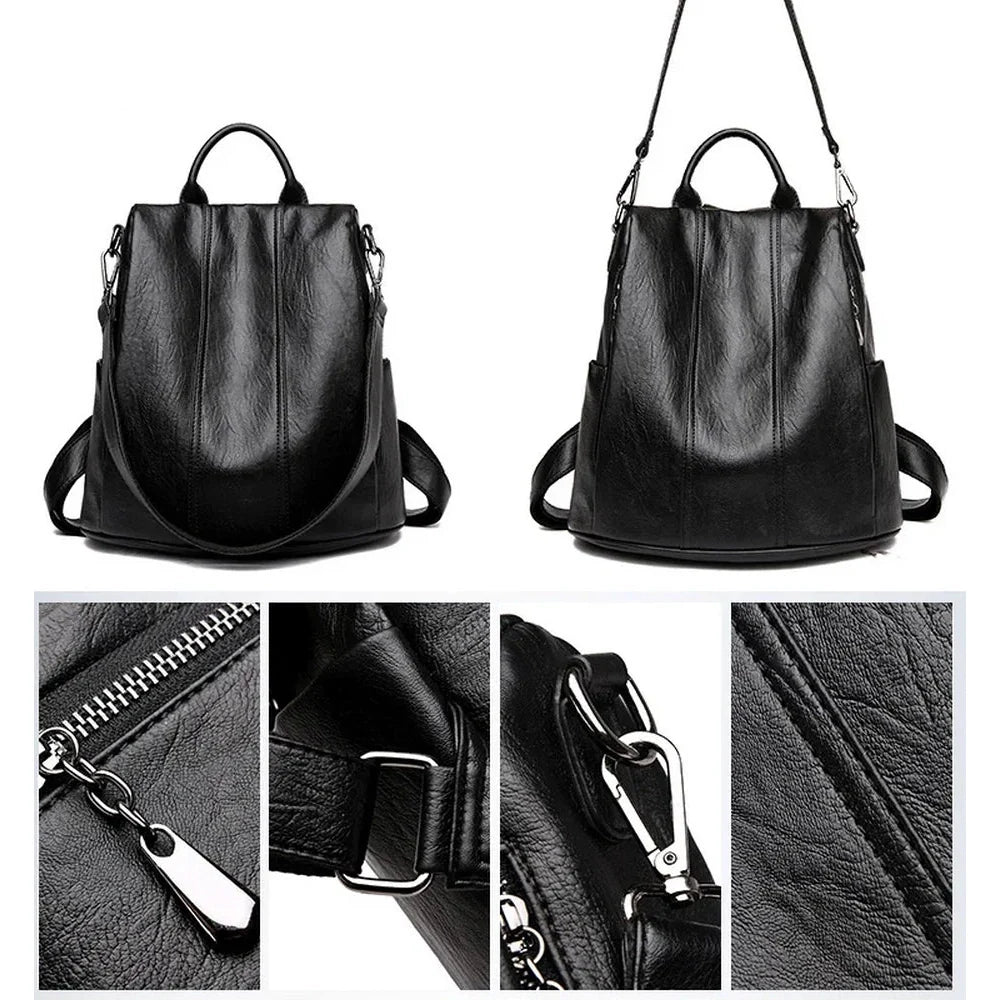 Sac à dos en cuir noir femme avec options de port multiples et hardware détaillé