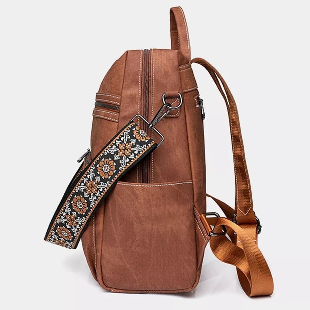 Sac à dos en cuir marron vintage avec bandoulière brodée détachable pour grand sac à dos cuir vintage