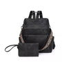 Sac à dos en cuir vintage noir avec poches zippées et bandoulière brodée, avec wristlet